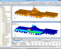 3D model (top) and mode shape calculated in RF-DYNAM (bottom) of the wooden supporting structure in RFEM (© Dr. Ing. Berger, Dr. Ing. Gadner Merano)