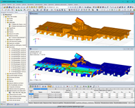 Modelo 3D (parte superior) y deformada del modo de vibración calculada en RF-DYNAM (parte inferior) de la estructura de soporte de madera en RFEM (pantalla: Dlubal)